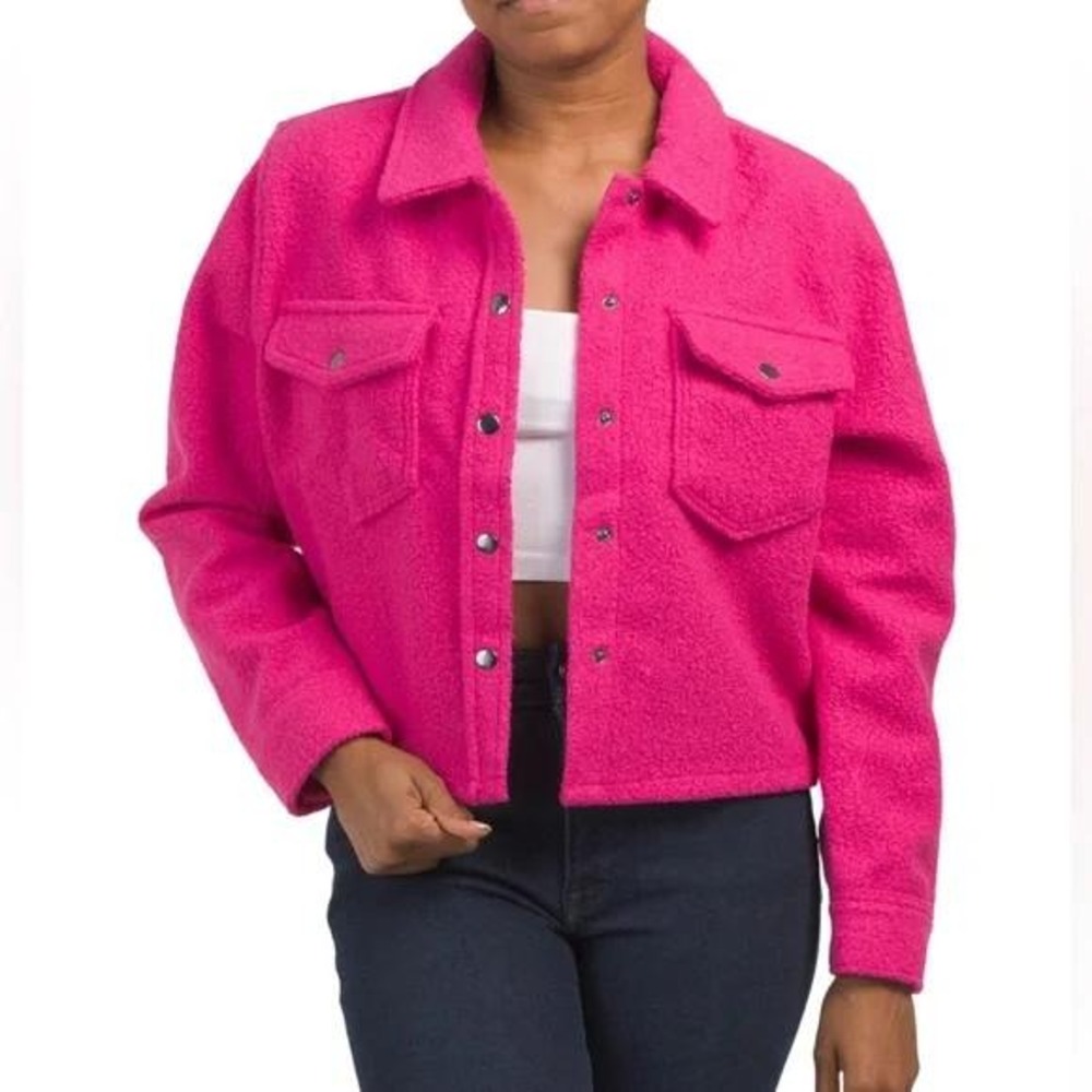 Love Tree Women's Hot Pink‎ Boucle Shacket Cropped Jacket Snap Button Size Small